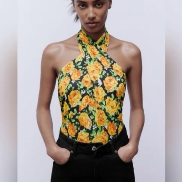 Zara Tops - Zara Floral Yellow Halter Neck Bodysuit New Size S